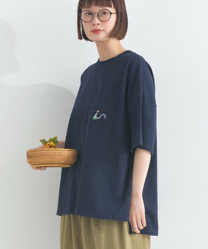 日本 Lupilien - 16支天竺棉俏皮動物刺繡寬大口袋T恤-咖啡