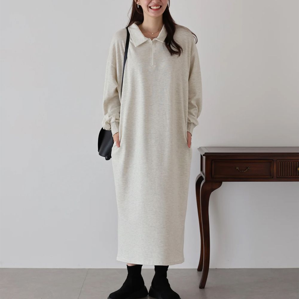 半拉鏈時尚休閒長袖洋裝-象牙白