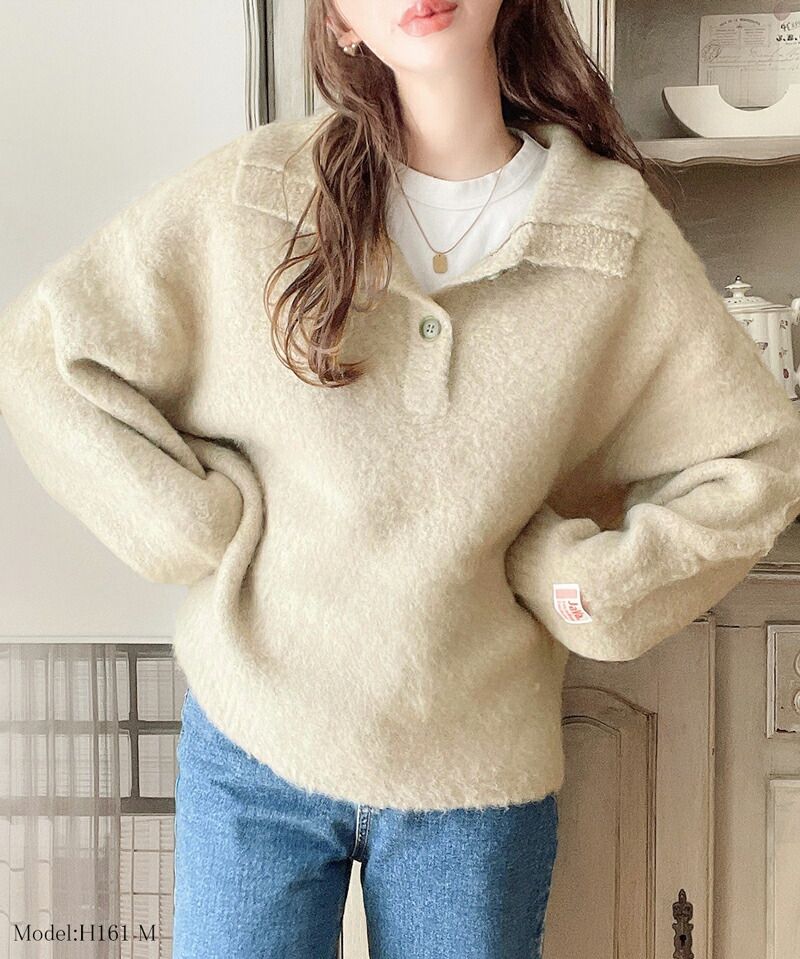 日本 Classical Elf - 毛茸茸排扣翻領寬鬆毛衣-深灰