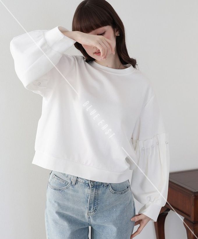 日本 BLUE EAST - 可愛珍珠皺摺造型寬版長袖上衣-淺灰