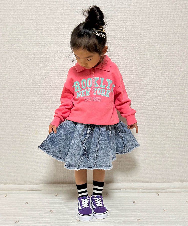 日本 BREEZE - 刷色拼接風及膝牛仔裙-丹寧藍