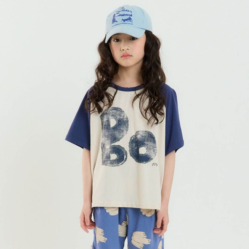 韓製100%純棉 Bo塗鴉印落肩短袖上衣-深藍