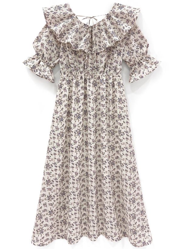 日本 GRL - 浪漫滿屋荷葉袖雪紡碎花洋裝-象牙杏