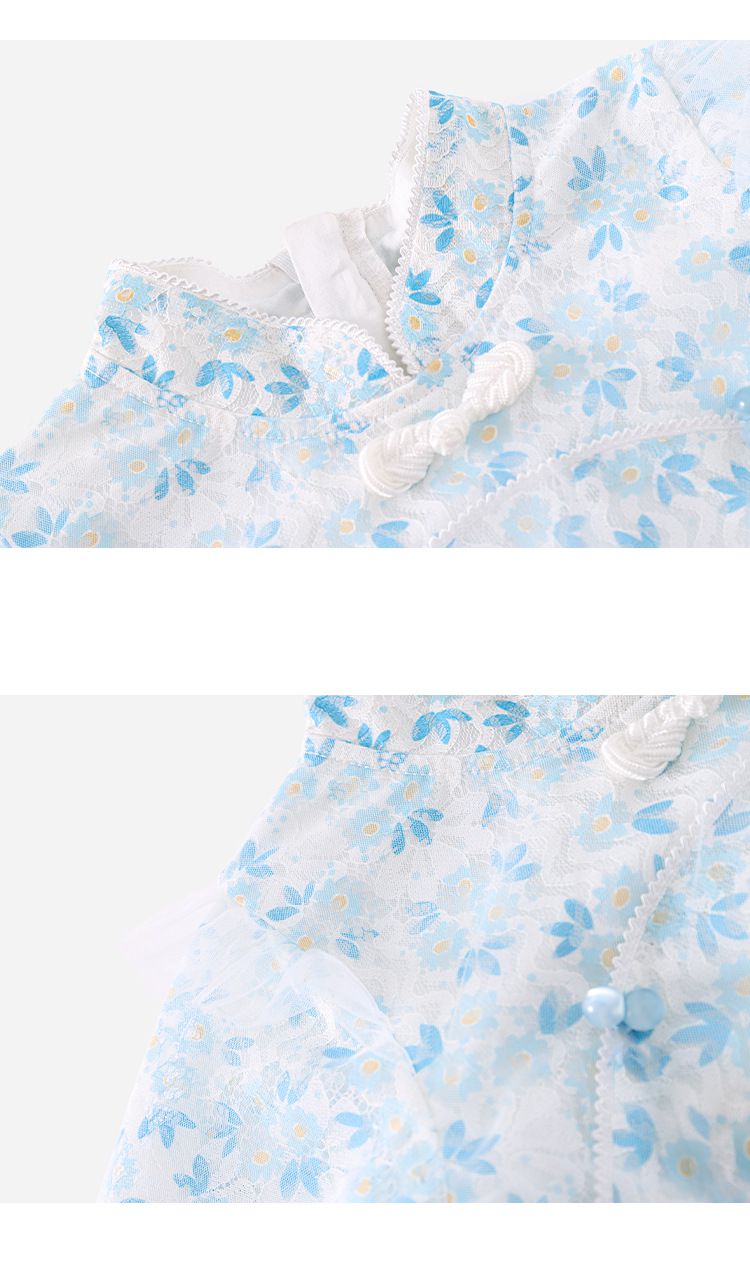 復古碎花長袖連身裙-碎花款-藍色