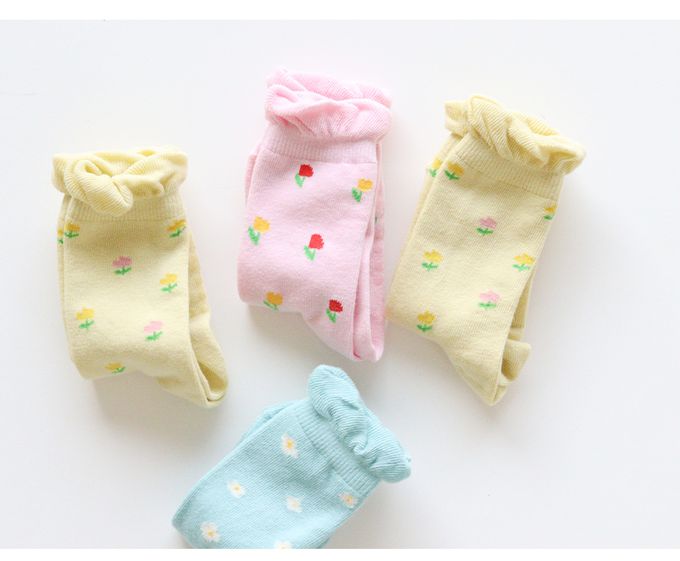 韓國 Kokacharm - 兒童中長襪/襪子三入組-滿版小花-湖藍X黃X粉