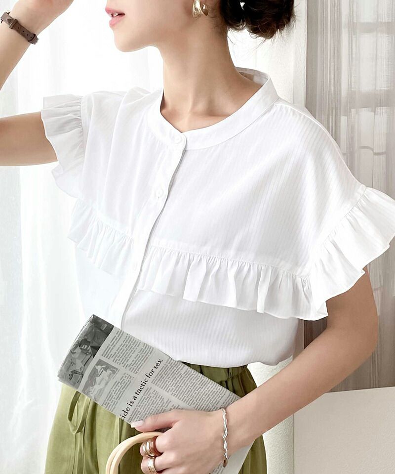 日本 Classical Elf - 荷葉邊點綴圓領短袖襯衫-果綠