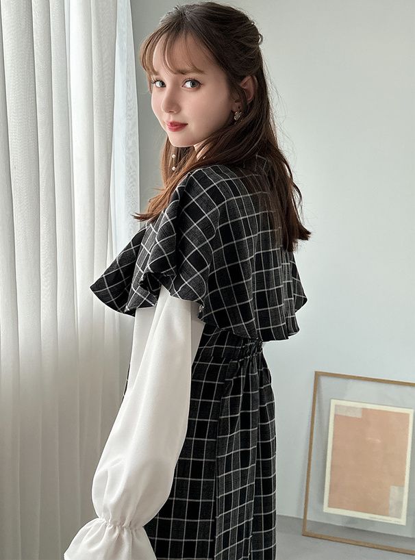 日本 GRL - 斗篷領格紋拼接兩件式洋裝-黑