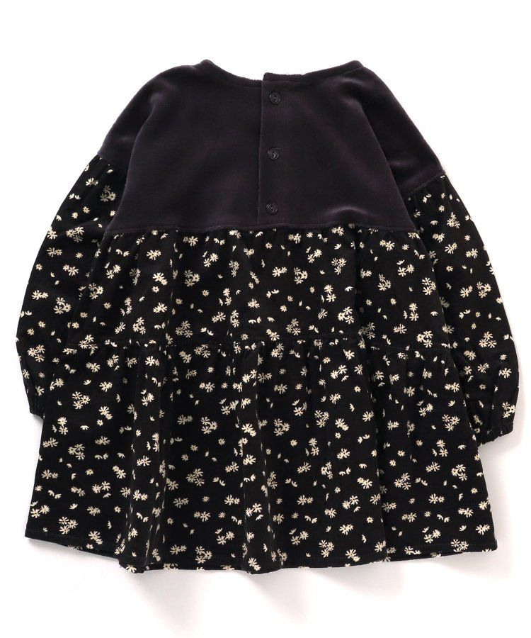 日本 BREEZE - 華美異素材拼接傘狀長袖洋裝-炭黑小花