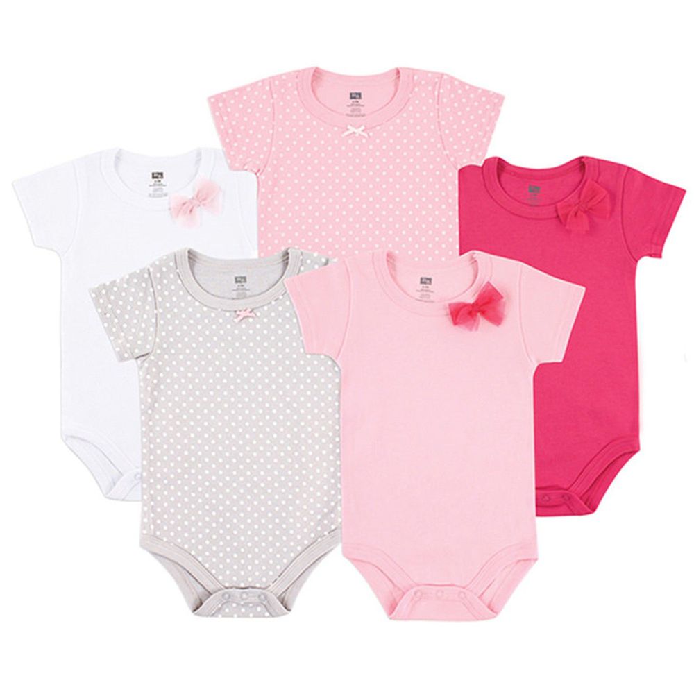 美國 Luvable Friends - 嬰幼兒短袖包屁衣5件組-素色蝴蝶結