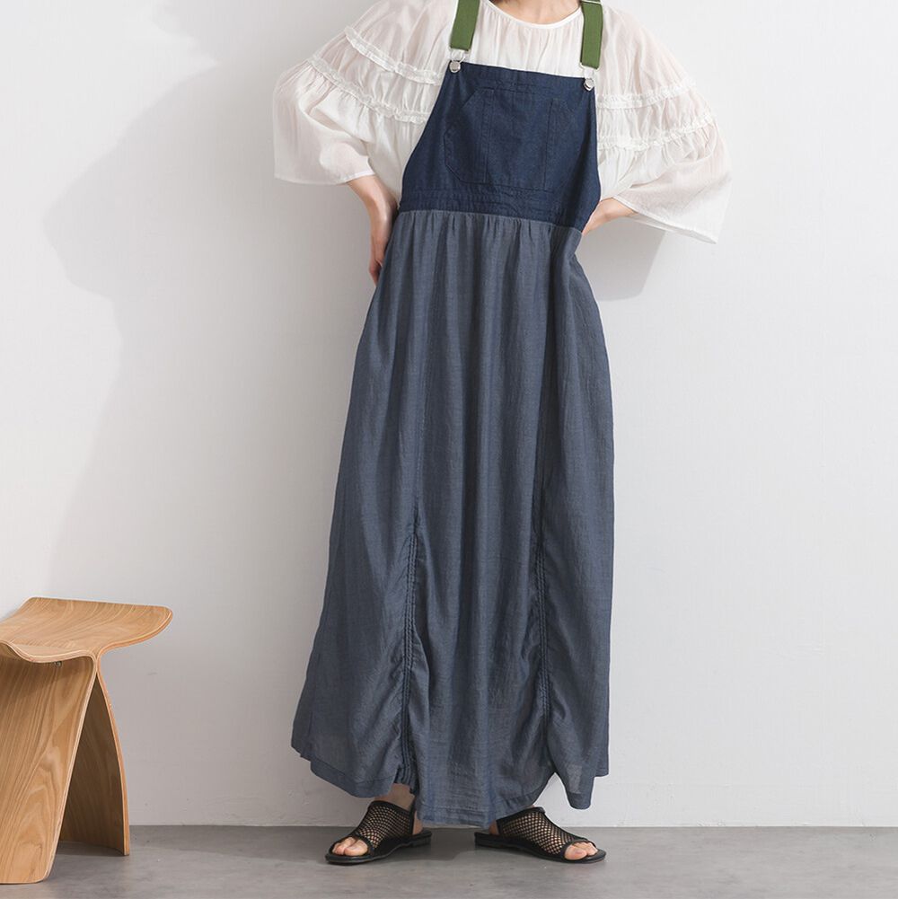 拼接風抽繩飄逸薄牛仔吊帶洋裝-藍灰系