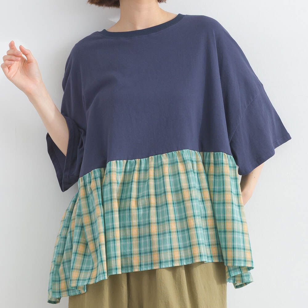 接觸涼感 可愛格紋休閒五分袖上衣-藍綠