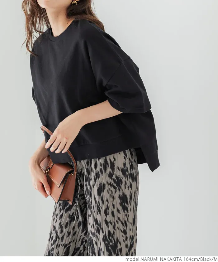 日本 COCA - 百搭前短後長五分袖上衣-杏