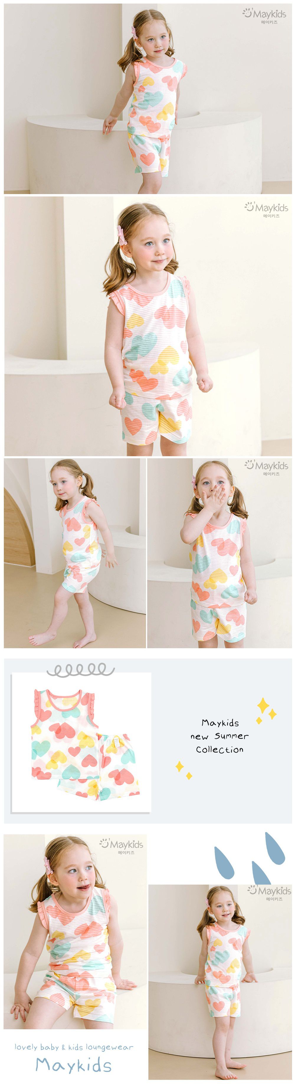韓國 Maykids - 有機棉透氣輕薄無袖家居服-馬卡龍愛心
