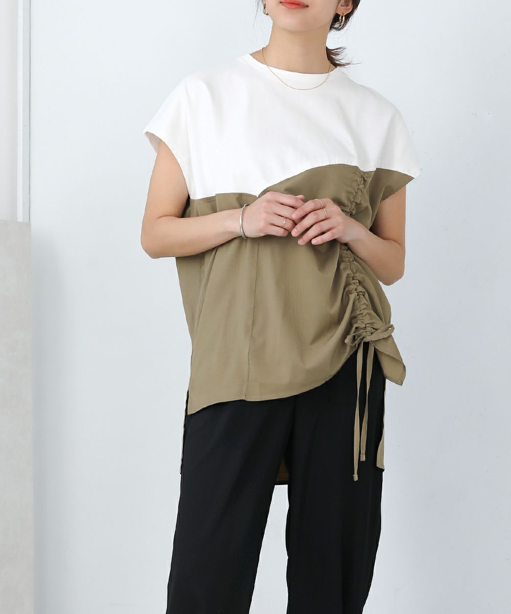 日本 Bab - 撞色拼接抽繩法式袖上衣-白