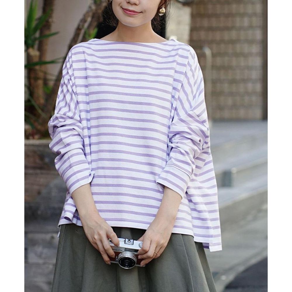 日本 zootie - 抗油污 100%棉船型領長袖上衣-條紋-白x淺紫