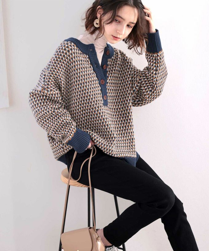 日本 Classical Elf - 復古緹花前後2Way滾邊針織上衣-深藍橘