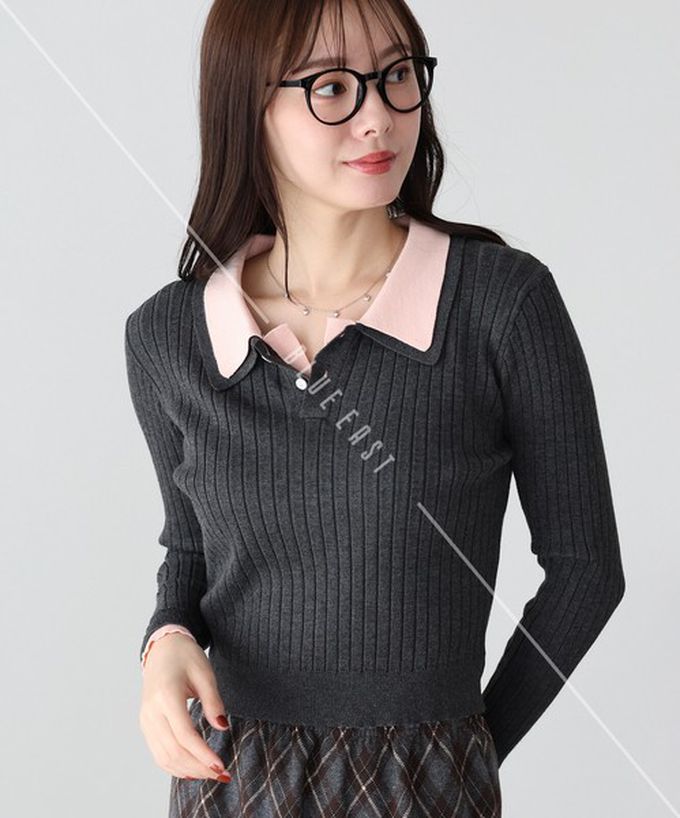 日本 BLUE EAST - 撞色雙層領針織polo長袖上衣-深灰x粉紅 (M)