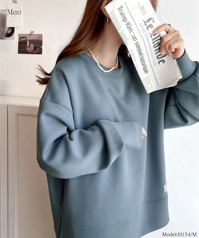日本 Classical Elf - Java 光澤感柔軟厚磅休閒長袖上衣-霧藍
