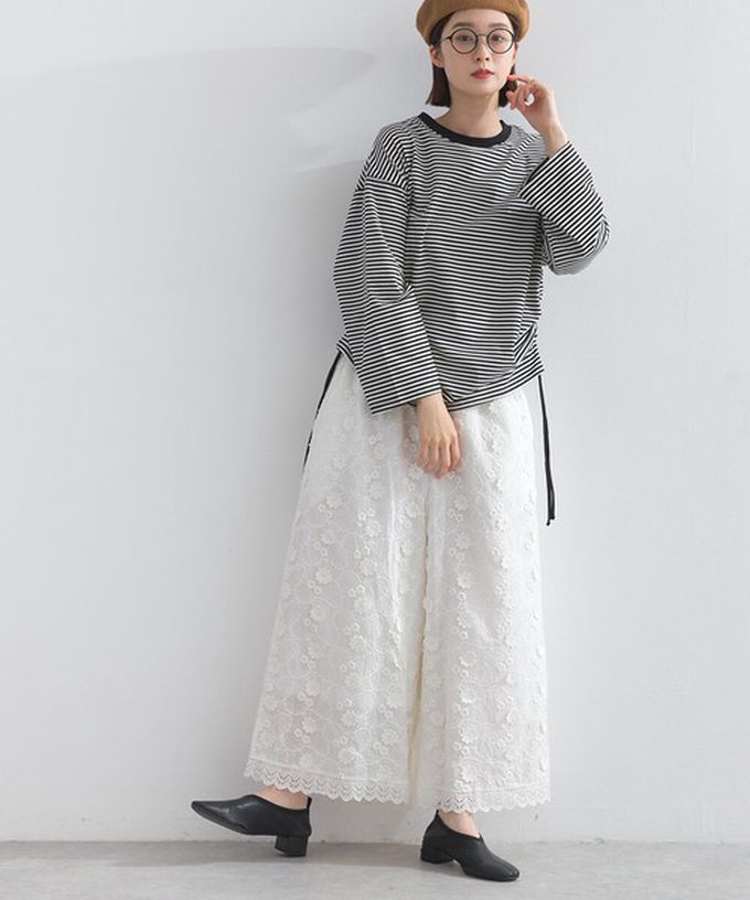 日本 Lupilien - 100%棉 奢華滿版緹花刺繡寬褲-黑