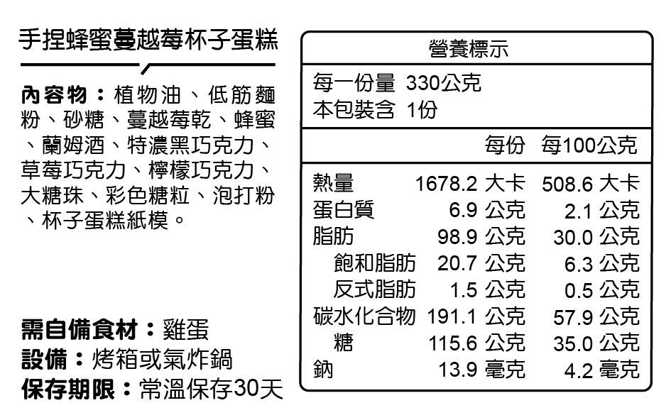 自己做烘焙聚樂部 - 手捏蜂蜜蔓越莓杯子蛋糕【常溫】