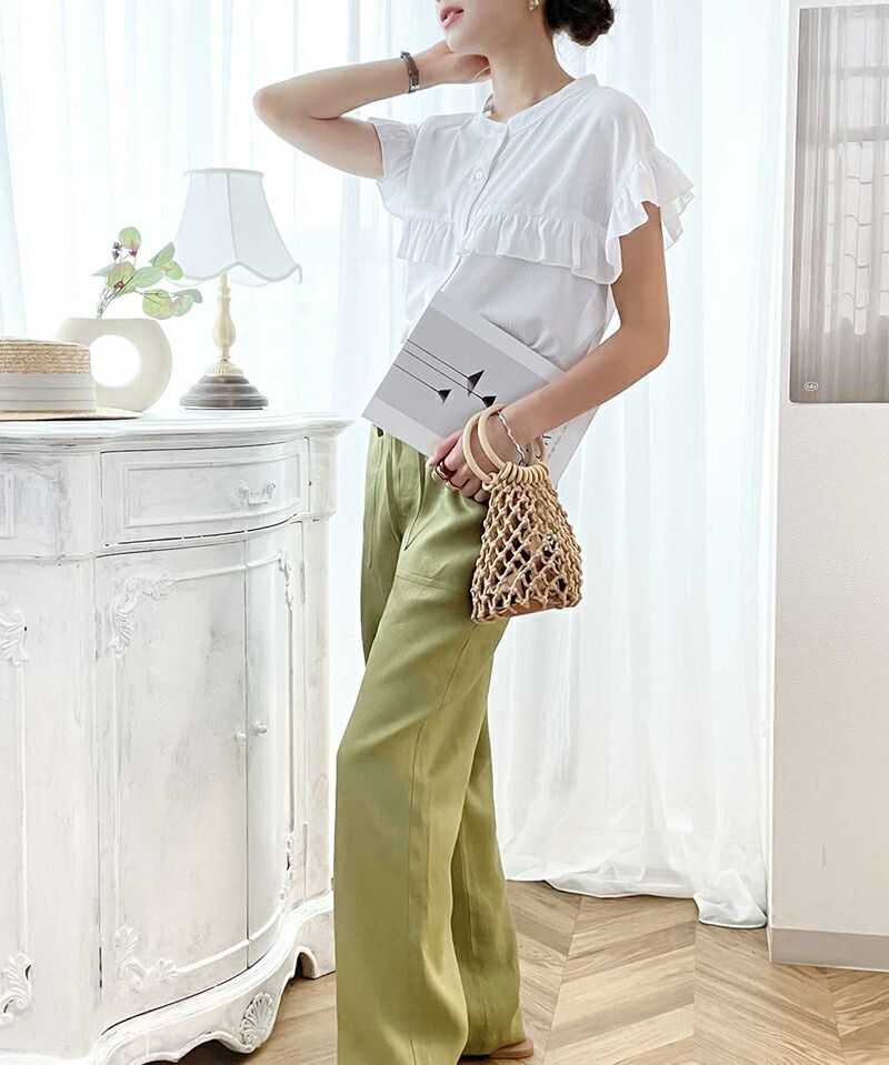 日本 Classical Elf - 荷葉邊點綴圓領短袖襯衫-果綠