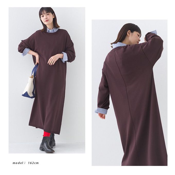 日本 OMNES - 落肩優雅柔滑嫘縈素色長袖洋裝-深灰