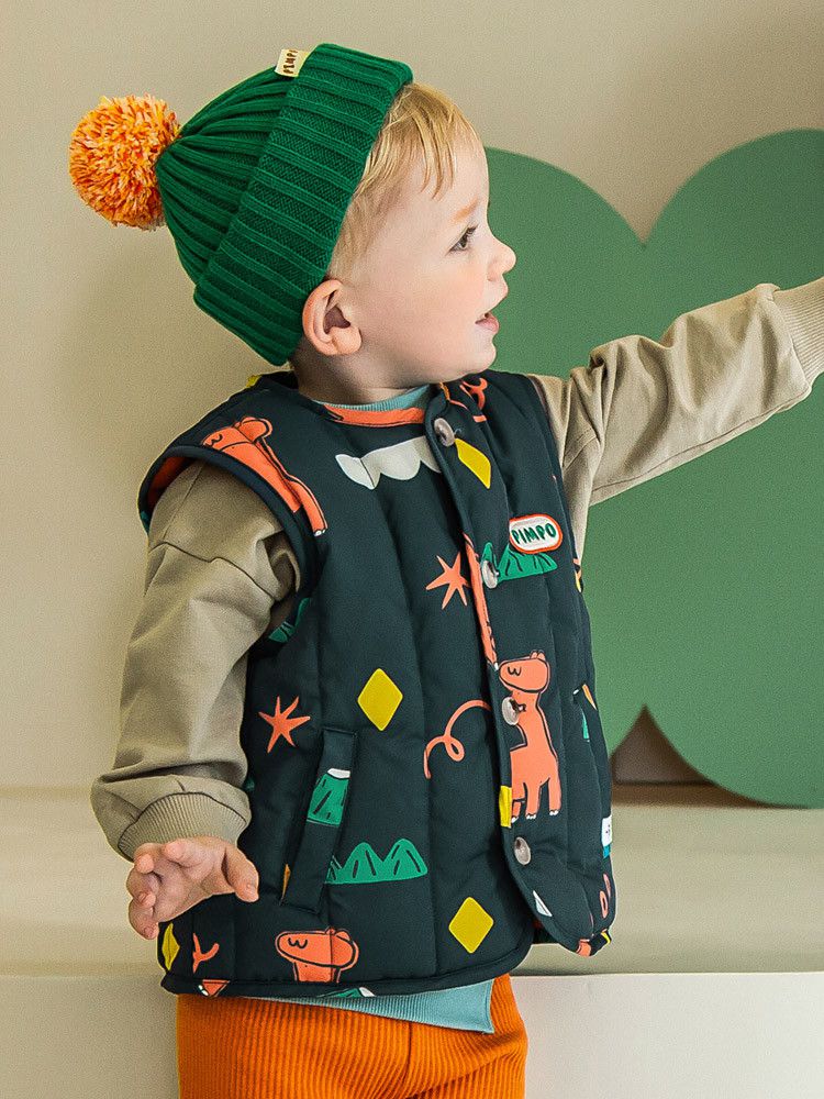 韓國Pimpollo - 手繪風自信恐龍保暖背心-灰