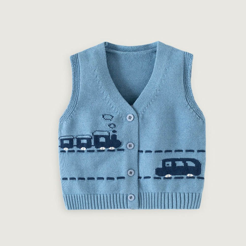 舒適V領百搭針織背心-夢境列車-藍色