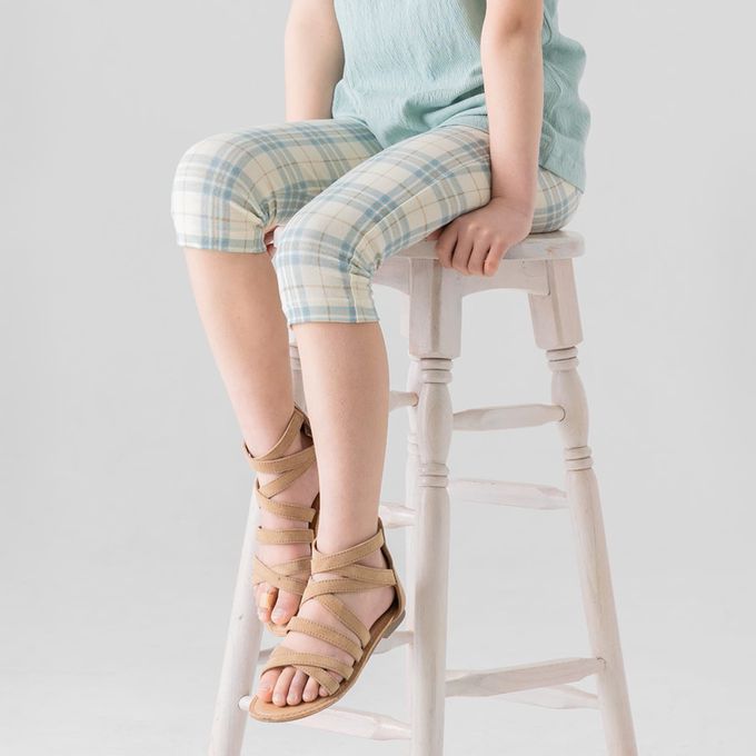 日本 Chil2 - 百搭印花彈力七分褲-格紋-水藍x白