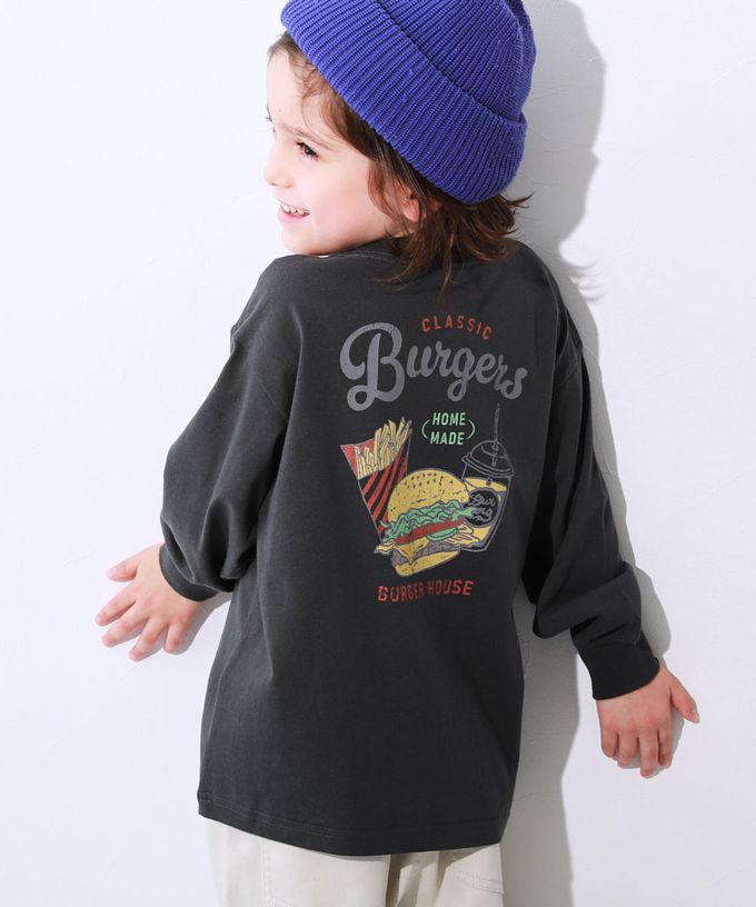 日本 devirock - 100%棉 定番印花寬版長袖上衣-背後狗狗-粉紫