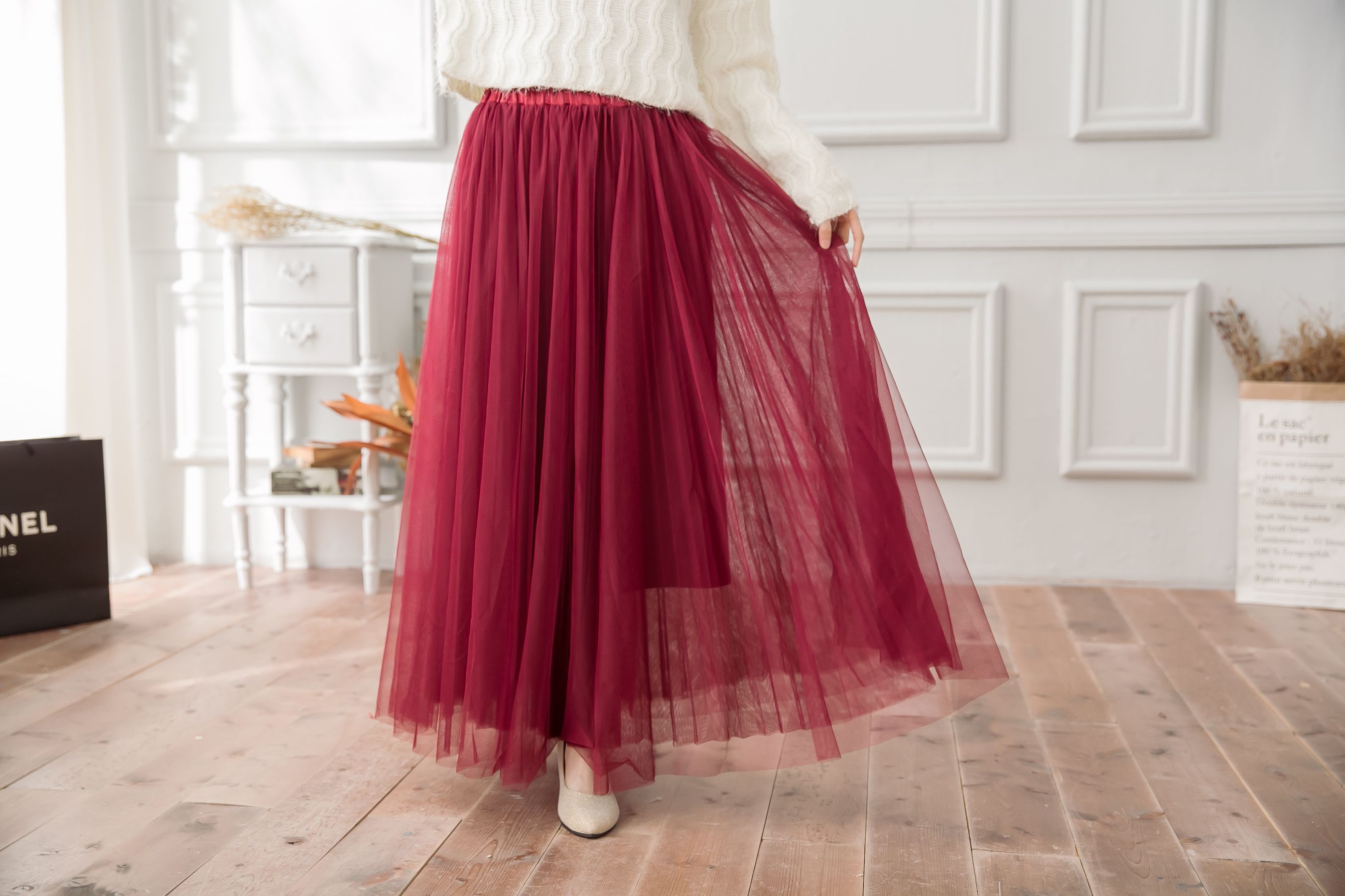 Peachy - 獨家訂製綿柔法式浪漫三層蓬紗裙-三層蓬版-性感酒紅 (F)