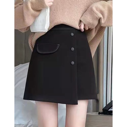 日本 GRL - 不規則裙擺排釦短裙(附安全褲內襯)-黑