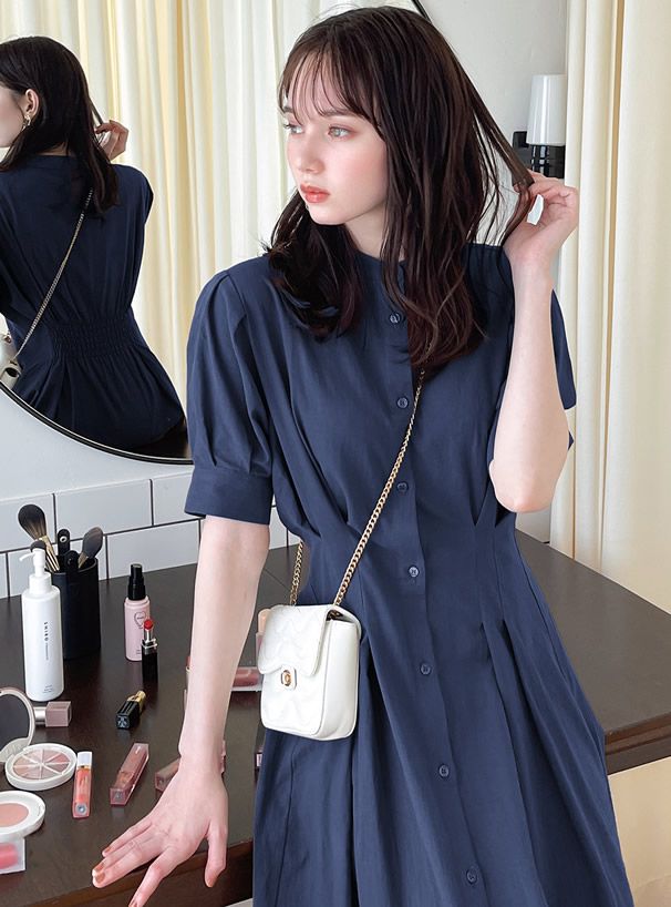 日本 GRL - 文藝氣息泡泡袖排釦洋裝-深藍