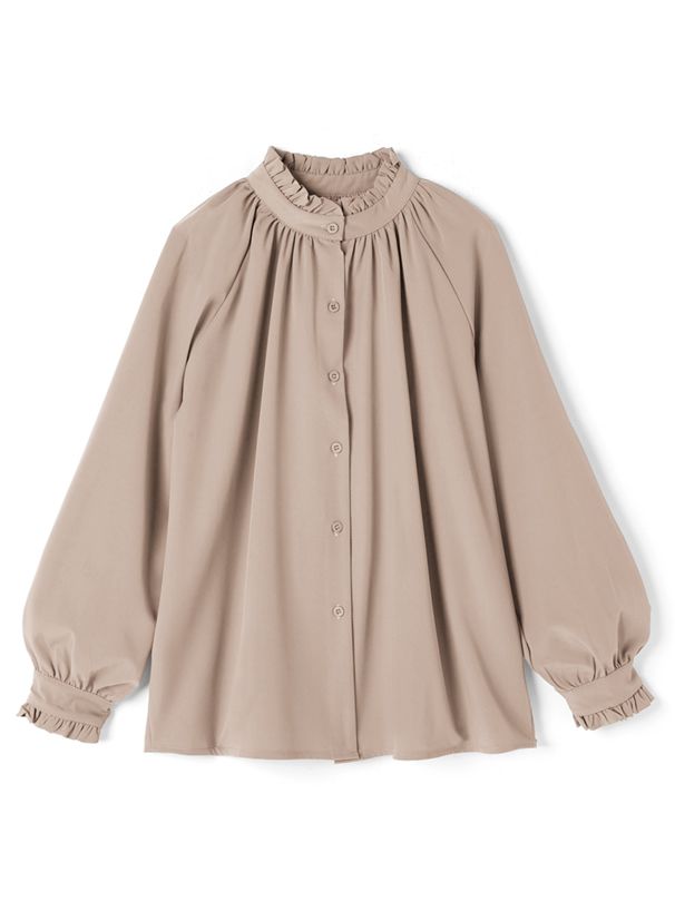 日本 GRL - 荷葉立領雪紡長袖襯衫-天使白