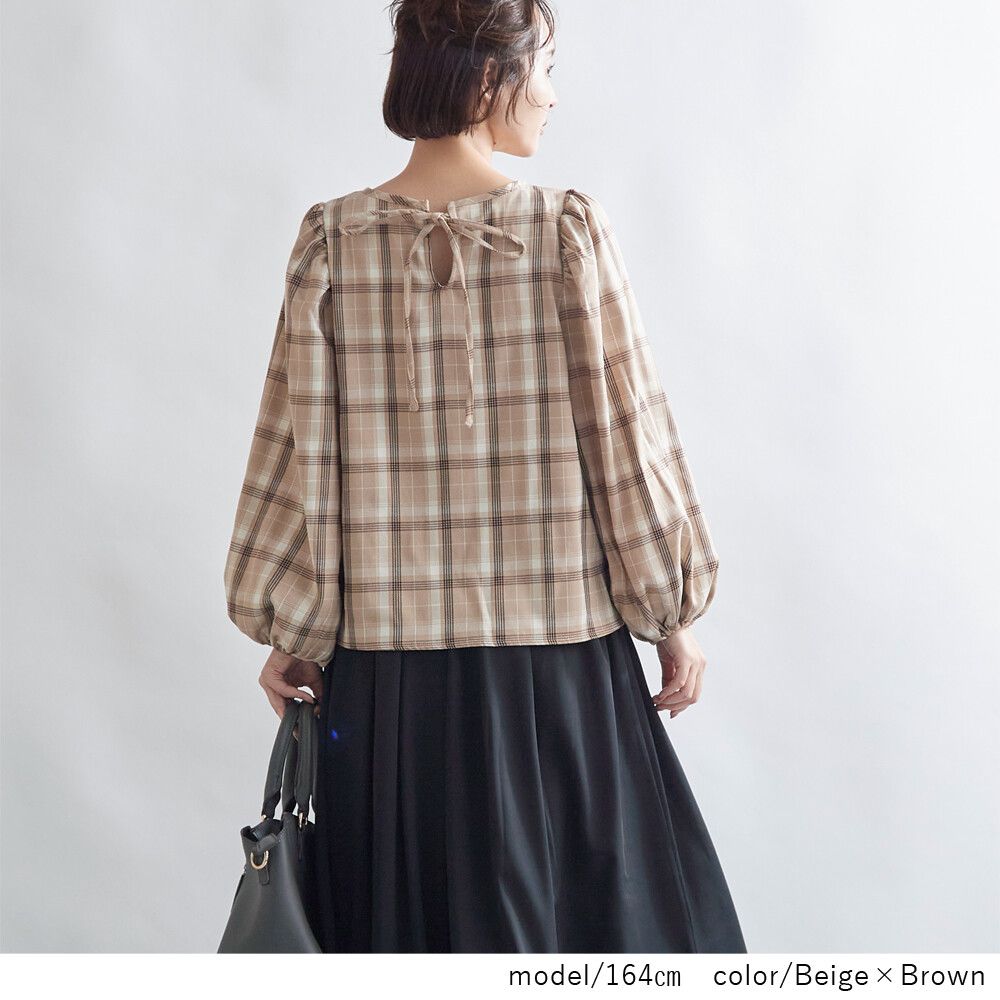 日本 Rejoule - 復古格紋綁帶澎澎袖上衣-深藍X咖格紋 (M(Free size))