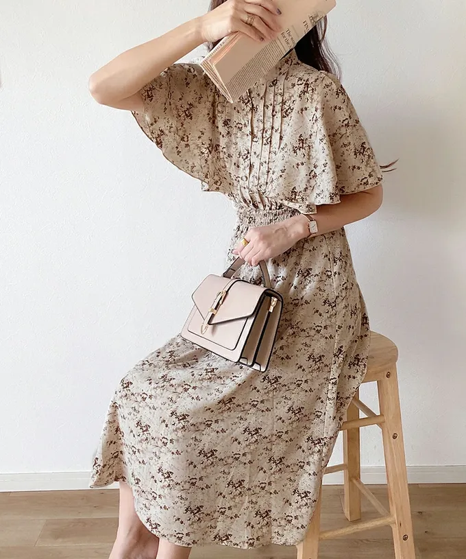 日本 Classical Elf - 優雅質感荷葉袖碎花洋裝-冰河藍