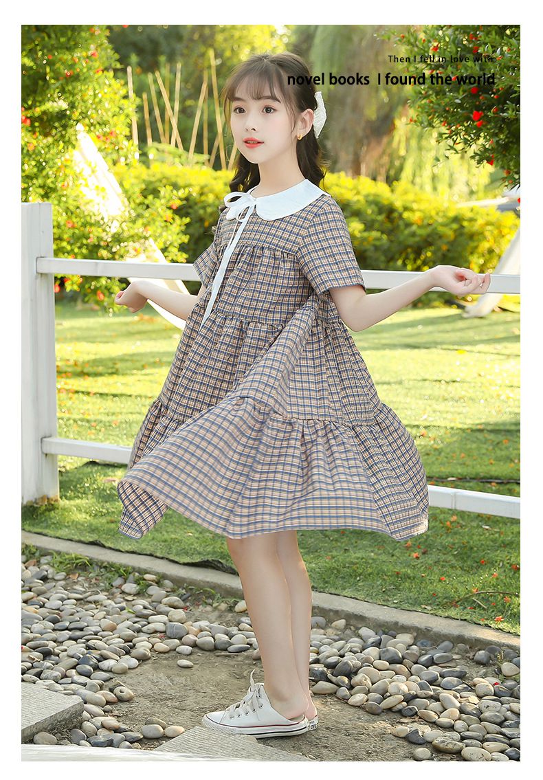娃娃領短袖蛋糕裙洋裝-格紋-卡其+深藍