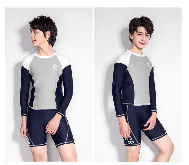 大童男孩長袖泳衣套裝(二件組)-拼色款-藍+灰+白-泳衣、短泳褲