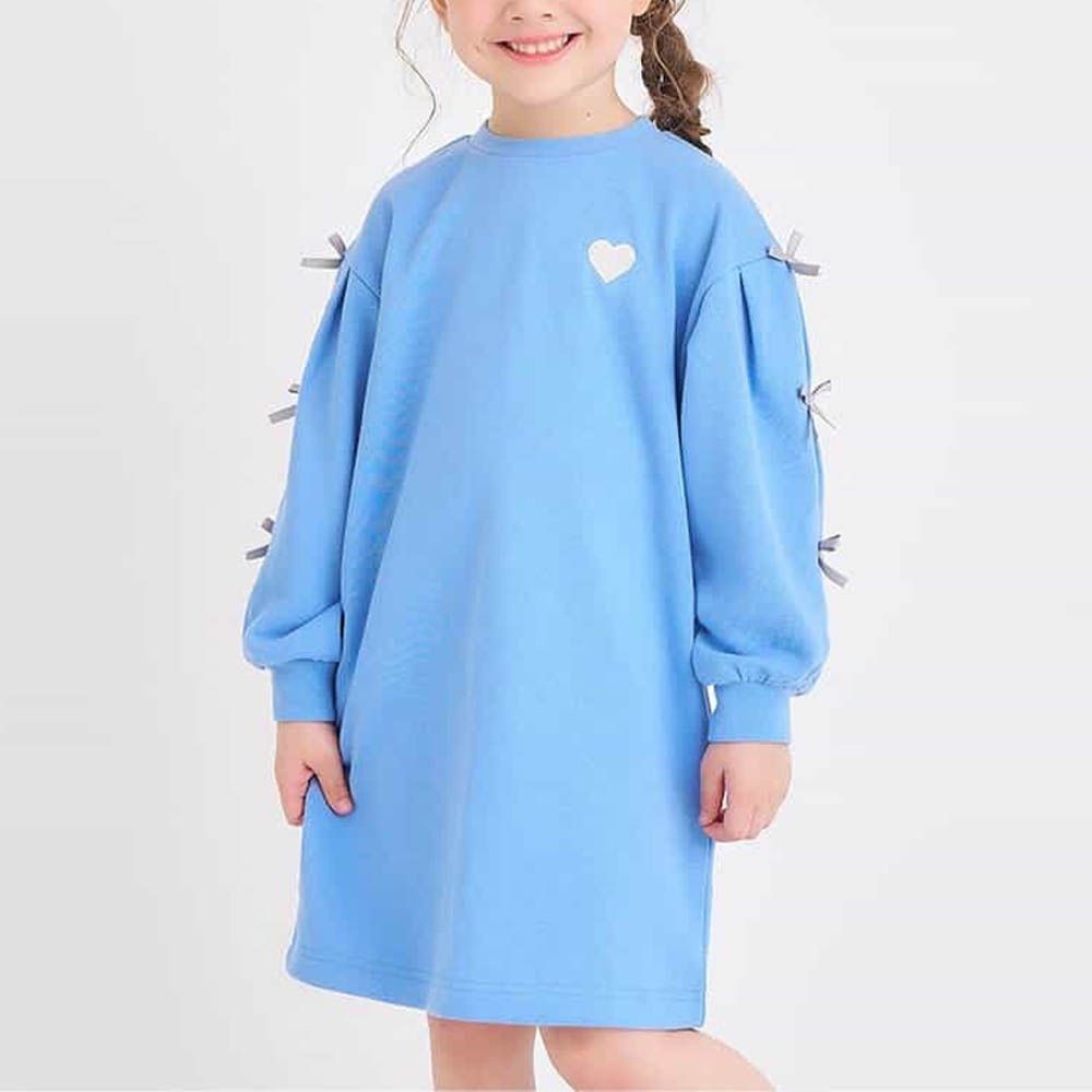 蝴蝶結綁帶刺繡愛心長袖洋裝-水藍