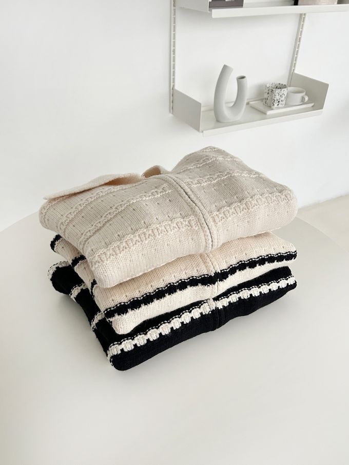 韓國女裝連線 - 勾線條紋針織翻領外套-黑底X米白 (FREE)