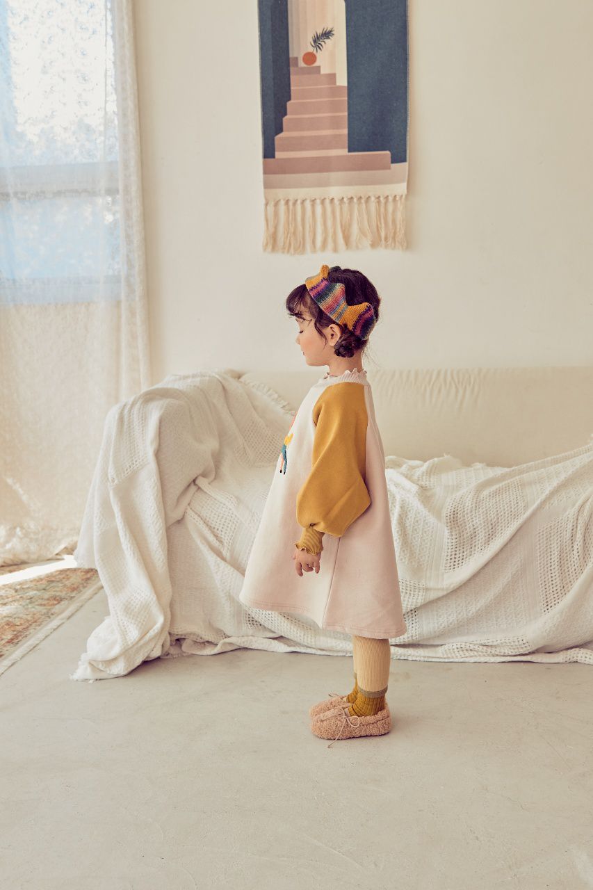 韓國 Mimico - (裏起毛)(附髮帶)立體小鹿拼接色泡泡袖洋裝