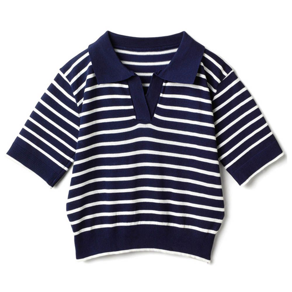 俐落感翻領薄針織短袖上衣-深藍白線條 (M)