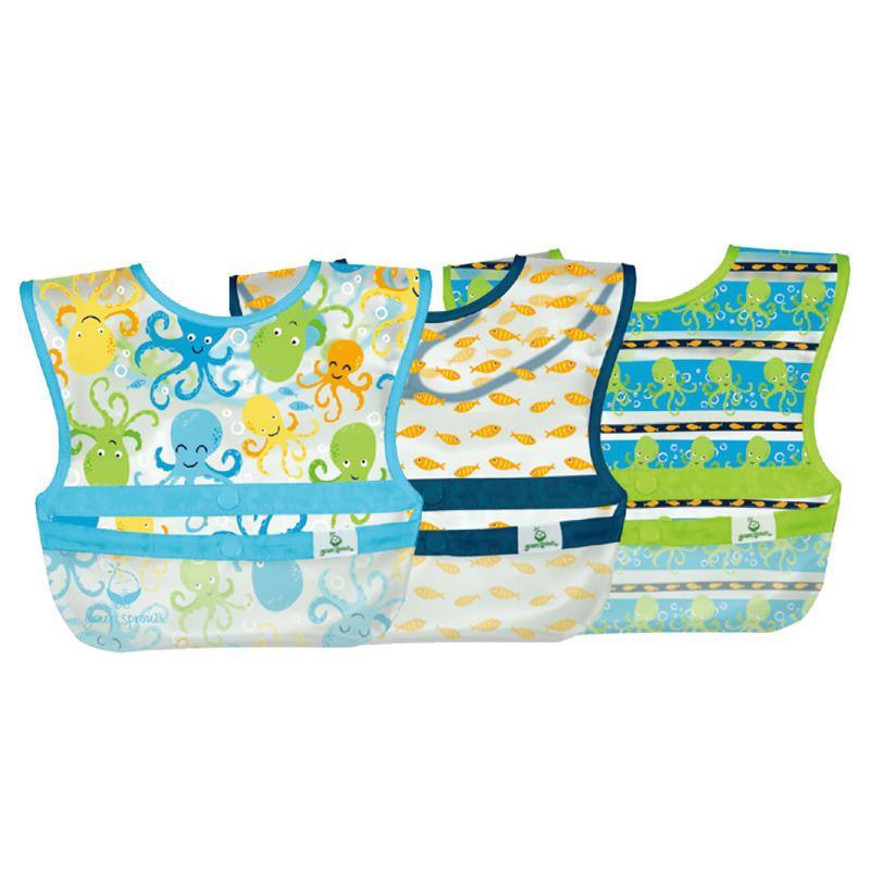 美國 green sprouts - 小綠芽魔鬼氈雙面防水/防食物掉落圍兜三入組-頑皮章魚