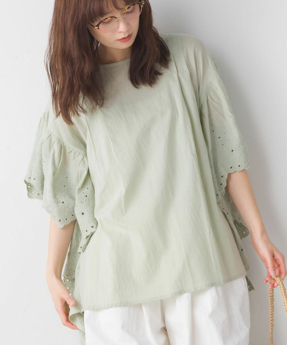 日本女裝代購 - 文藝刺繡大波浪寬鬆短袖上衣-經典黑