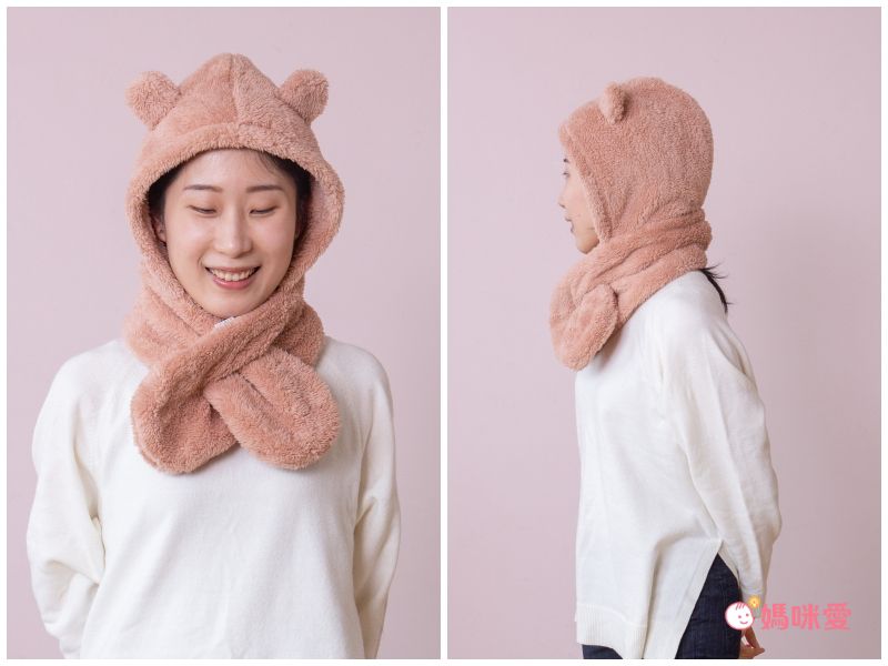 日本 AUBE - 毛茸茸保暖圍脖帽(親子通用款)-熊耳造型-粉紅 (Free size)