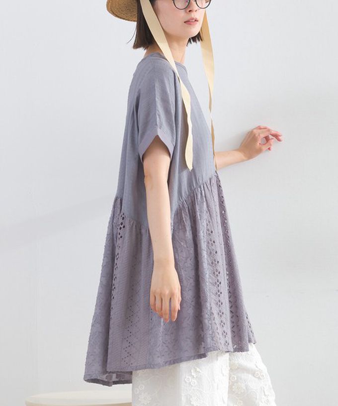 日本 Lupilien - 100%印度棉 柔美緹花長版短袖上衣-炭灰