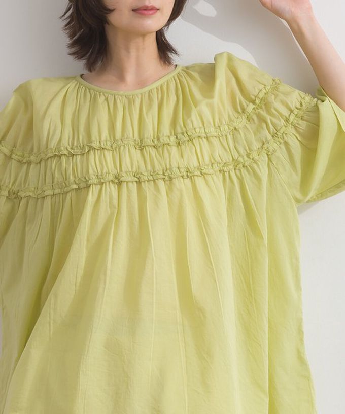 日本 Lupilien - 100%棉 輕盈感皺摺廓形五分袖上衣-藍