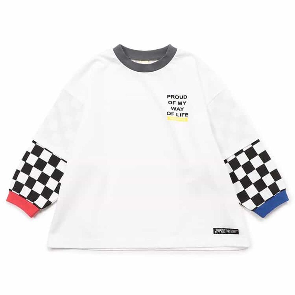 街頭風假二件層次長袖上衣-棋盤格-白