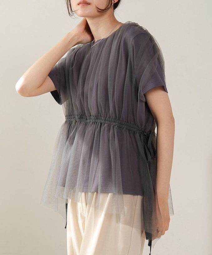 日本 Bab - 仙氣皺摺薄紗 腰綁帶短袖上衣-淺灰