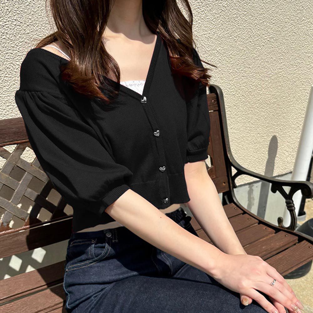 日本 GRL - 愛心鈕扣針織五分袖開襟衫-黑色 (F)